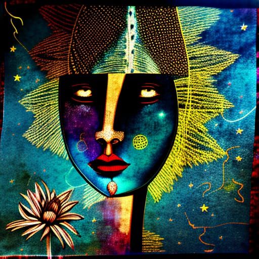 Intricate Textile Art Woman Portrait with Geometric Elements