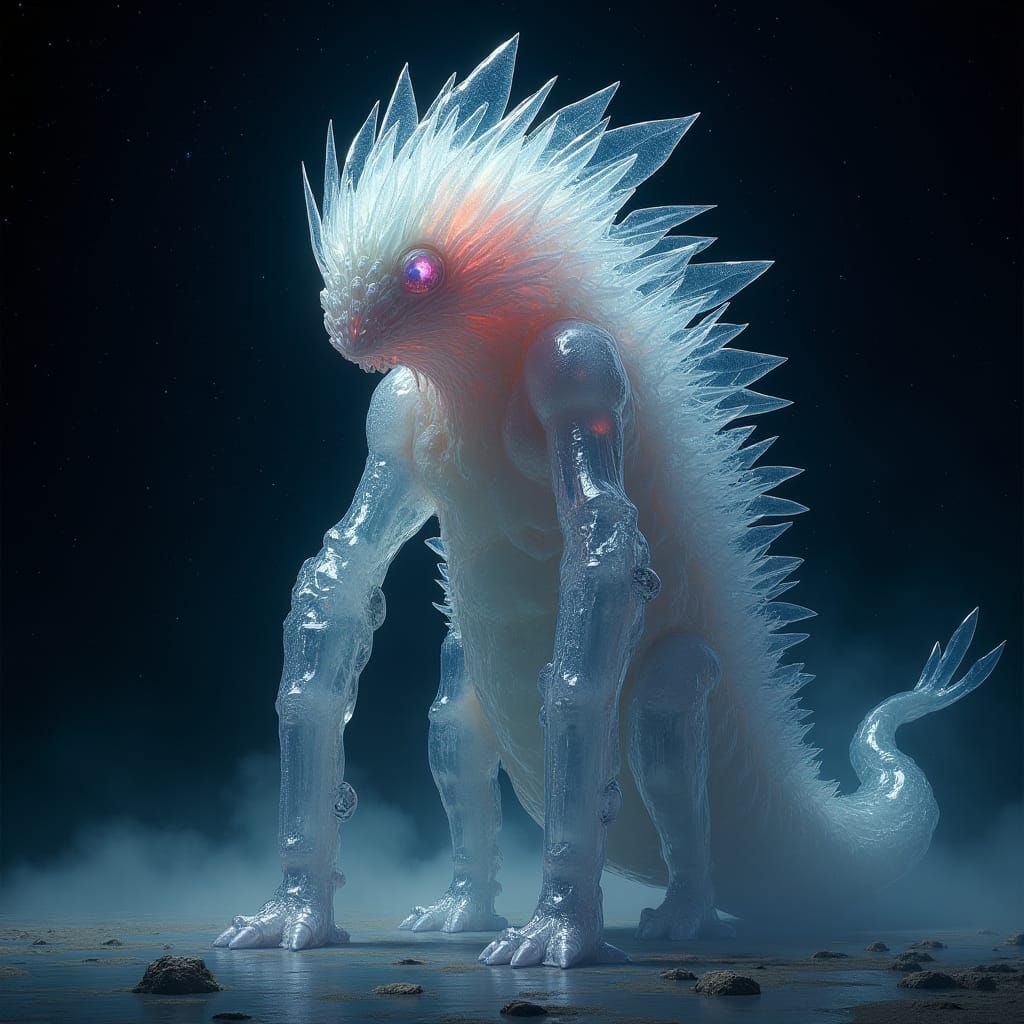 glass, reflective, creature, 12 feet tall, space, medium sho...