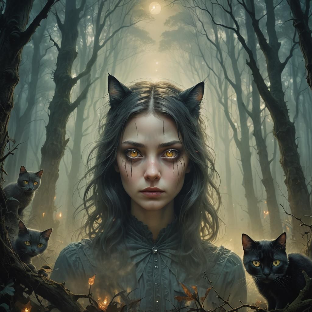 Mysterious Woman in Eerie Forest with Glowing Cat