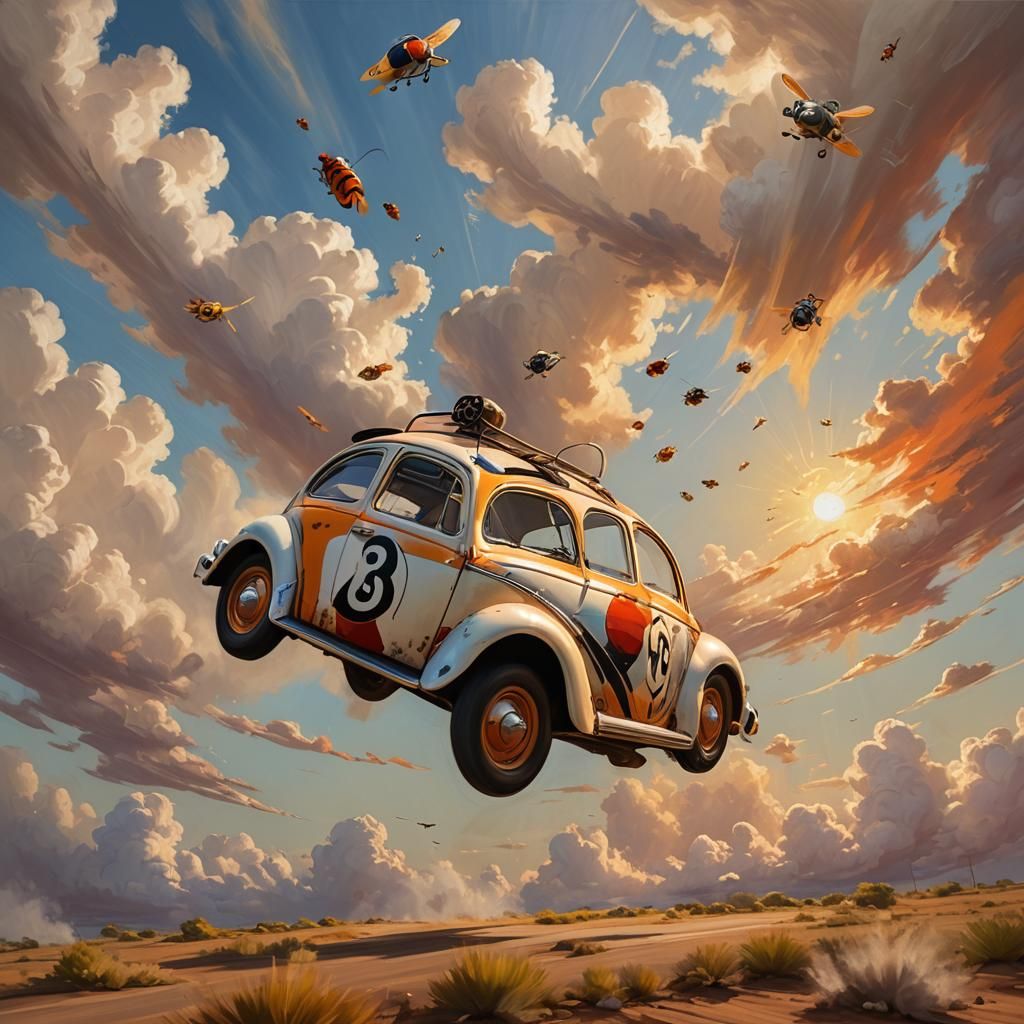 Herbie the Love Bug Flies: Hyperrealistic Oil Painting