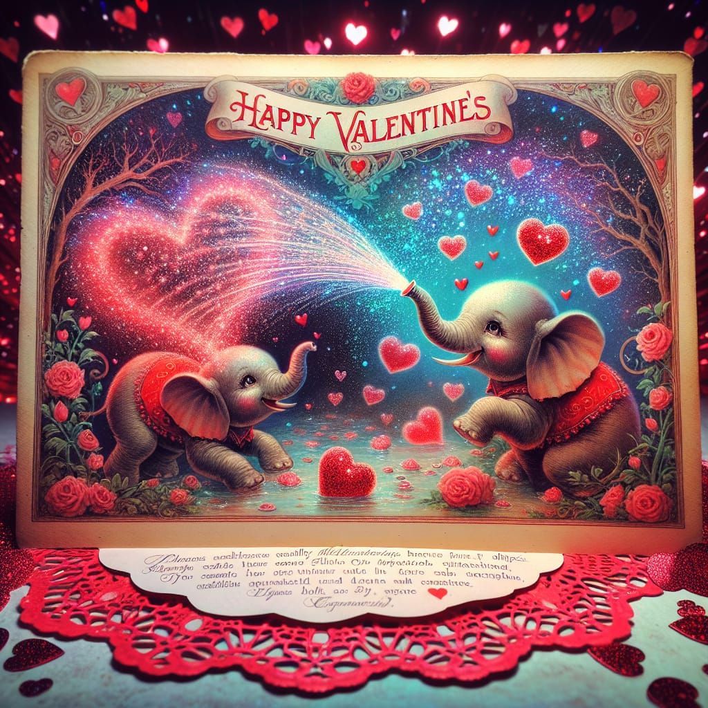 Open vintage valentine card sitting on table. On card two el...