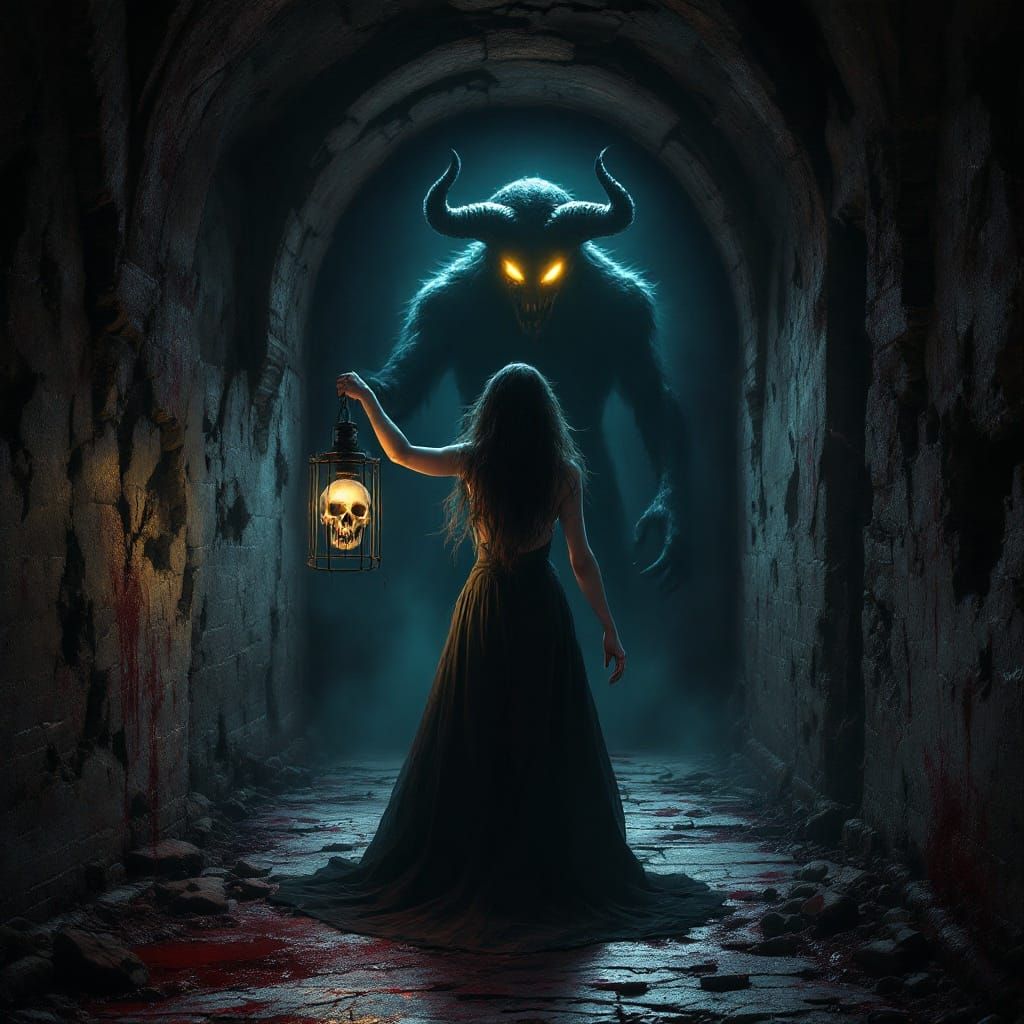 Frightened Woman in Haunted Hall with Monster