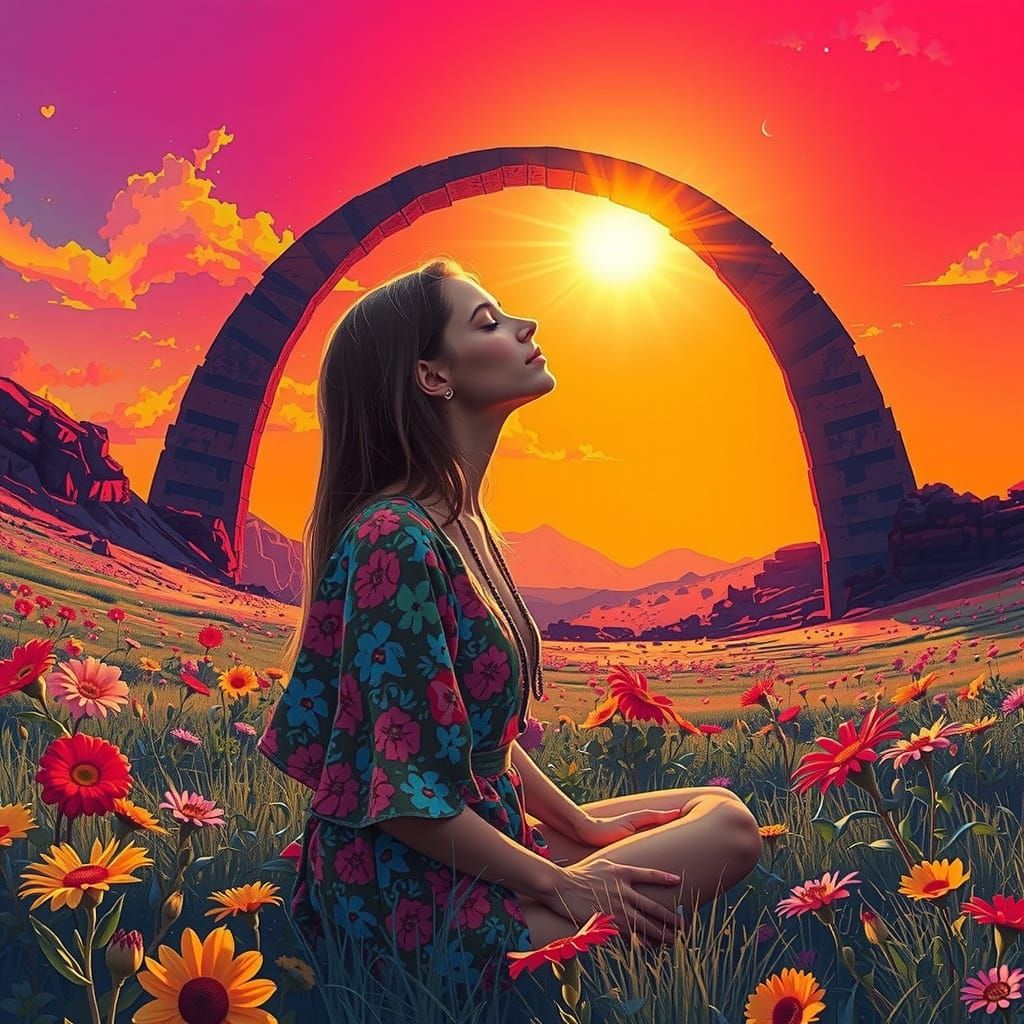 Peaceful Hippie Woman Meditating Under a Vibrant Rainbow Bri...