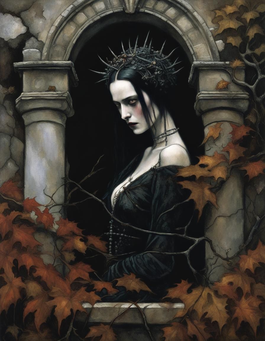 Morbid Pre-Raphaelite Lady in Dark Gothic Setting
