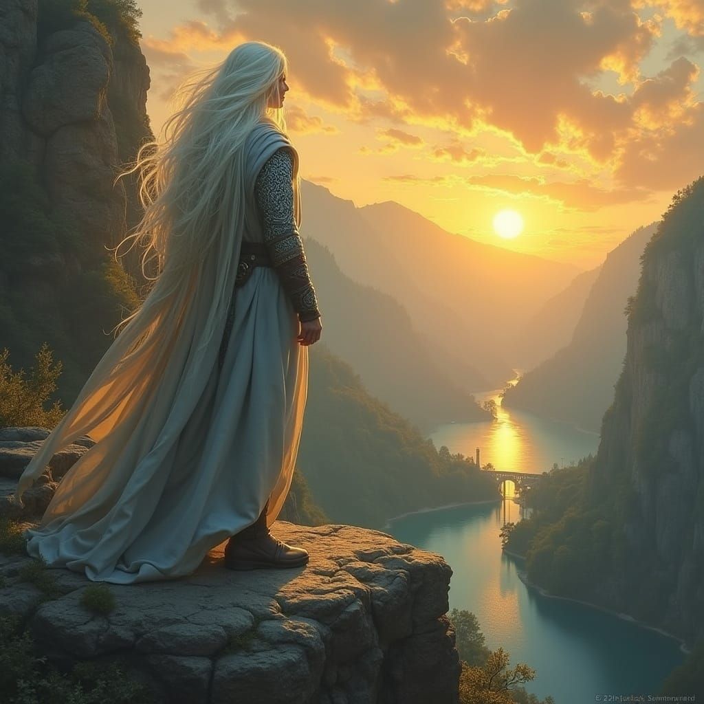 Heroic War Mage Overlooks Valley at Sunset