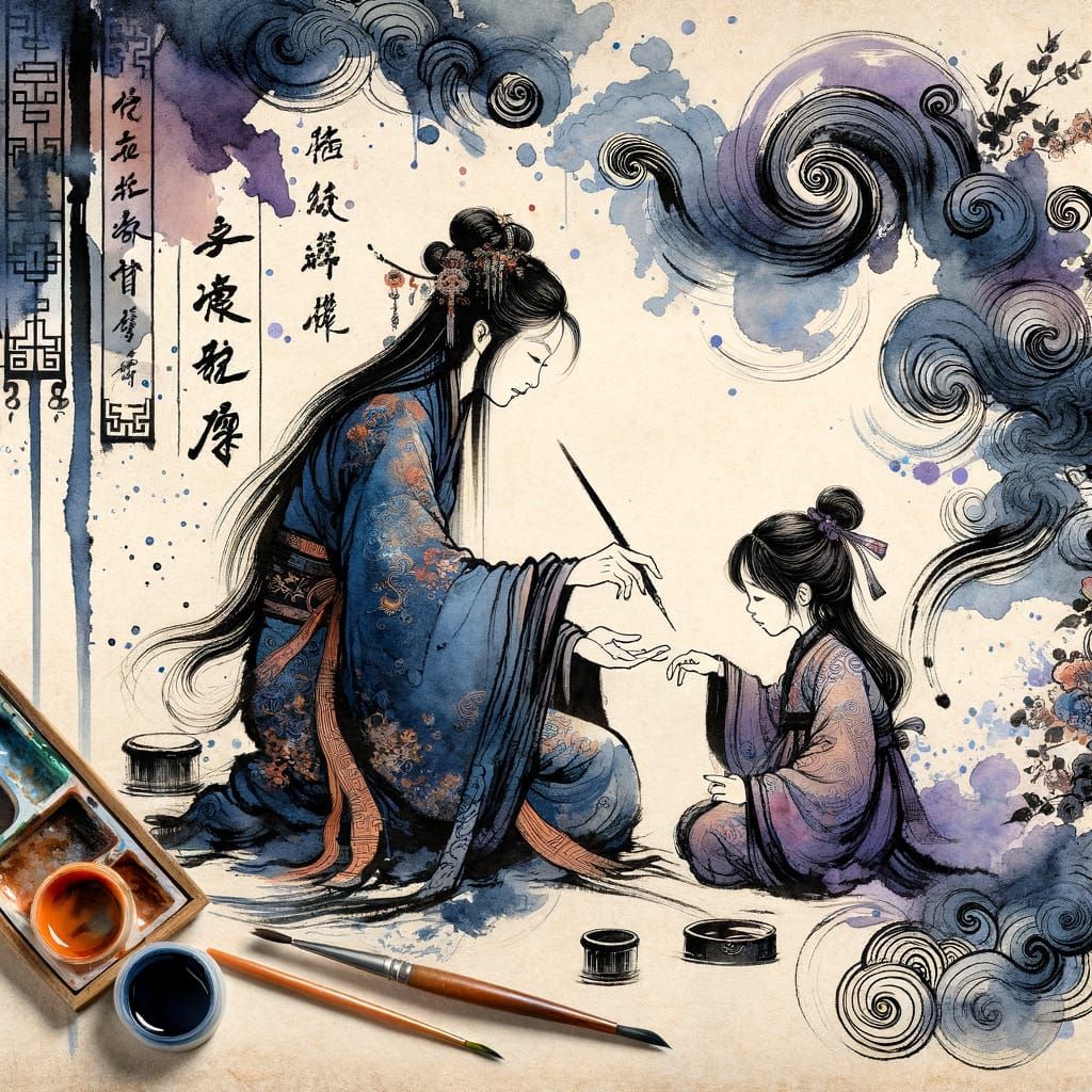 Mother Teaches Daughter Calligraphy in Chinese Ink Painting