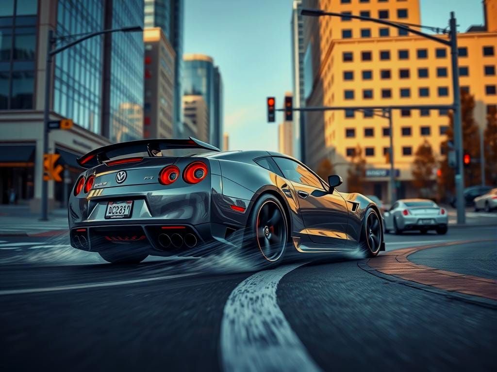 Sleek Sports Car Drifting Around City Corner