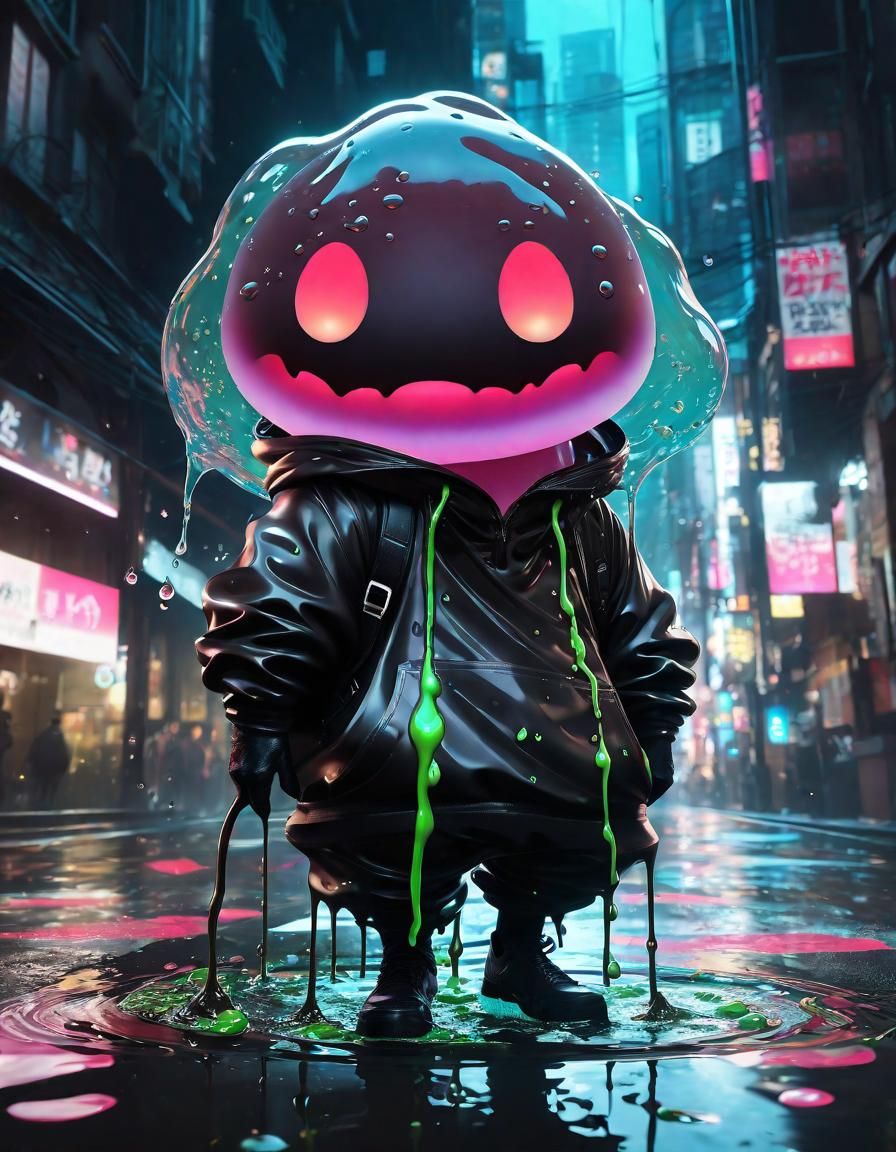 Chibi Slime Glob in Cyberpunk Ink Drawing