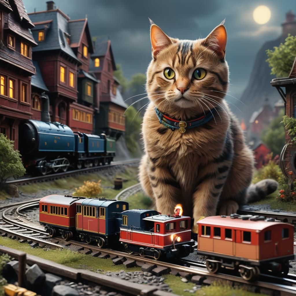 Cat and Model Train: Detailed Matte Painting