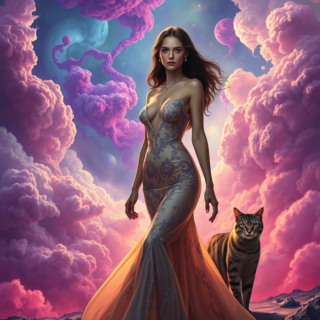 Cosmic Goddess Strolls Through Vibrant, Starry Skies with Ma...