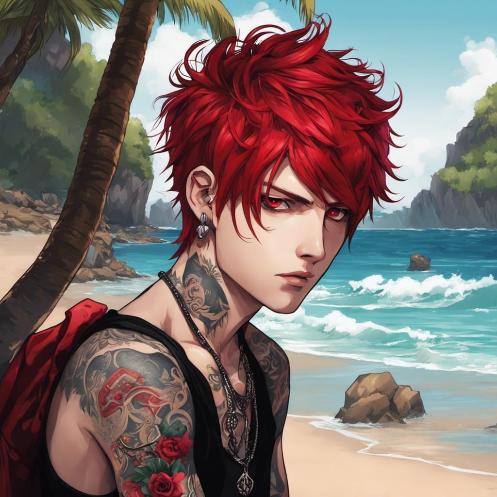 Goth Anime Boy Portrait with Tattoos on Beach
