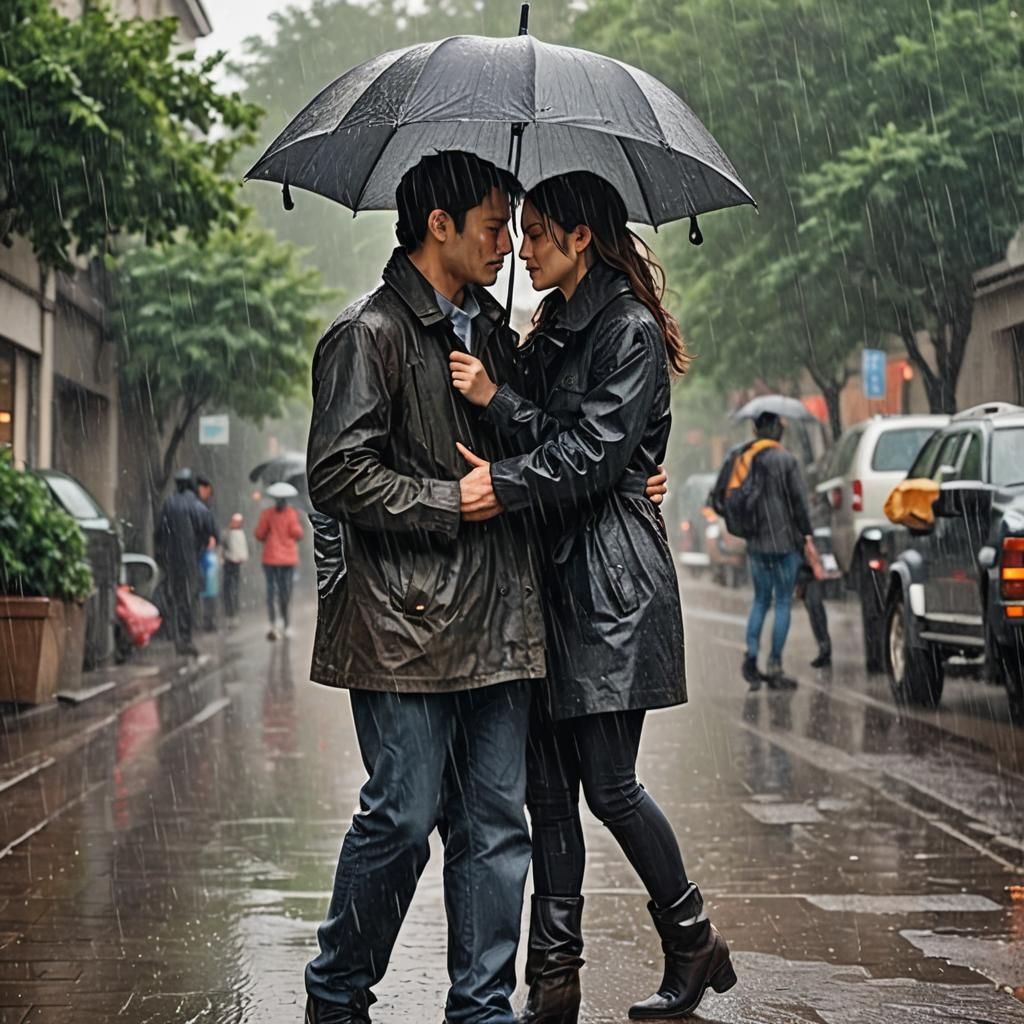 Lovers Embrace in Rainy Walk Under Umbrella