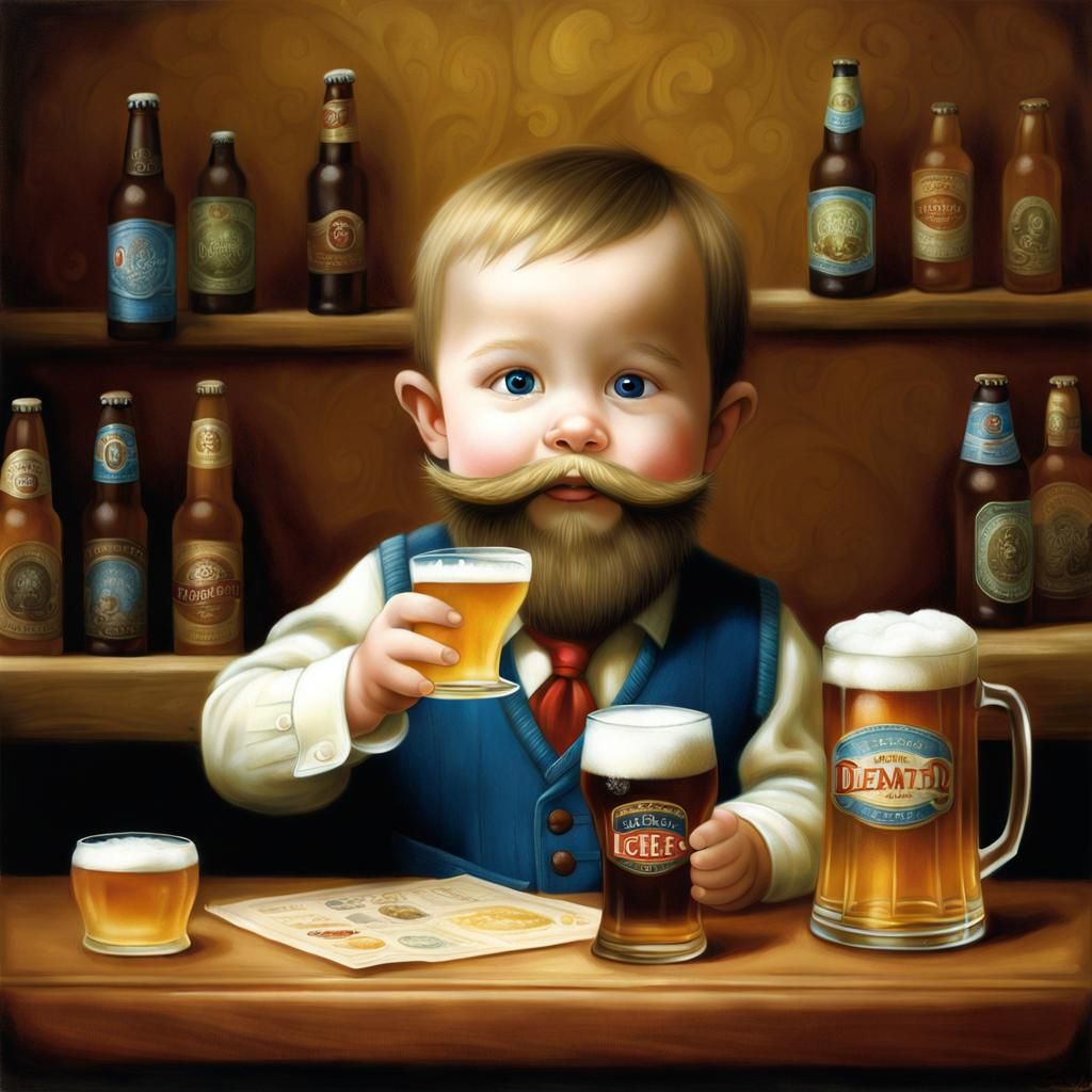 Boy with Fake Beard Orders Beer, Pixar Style