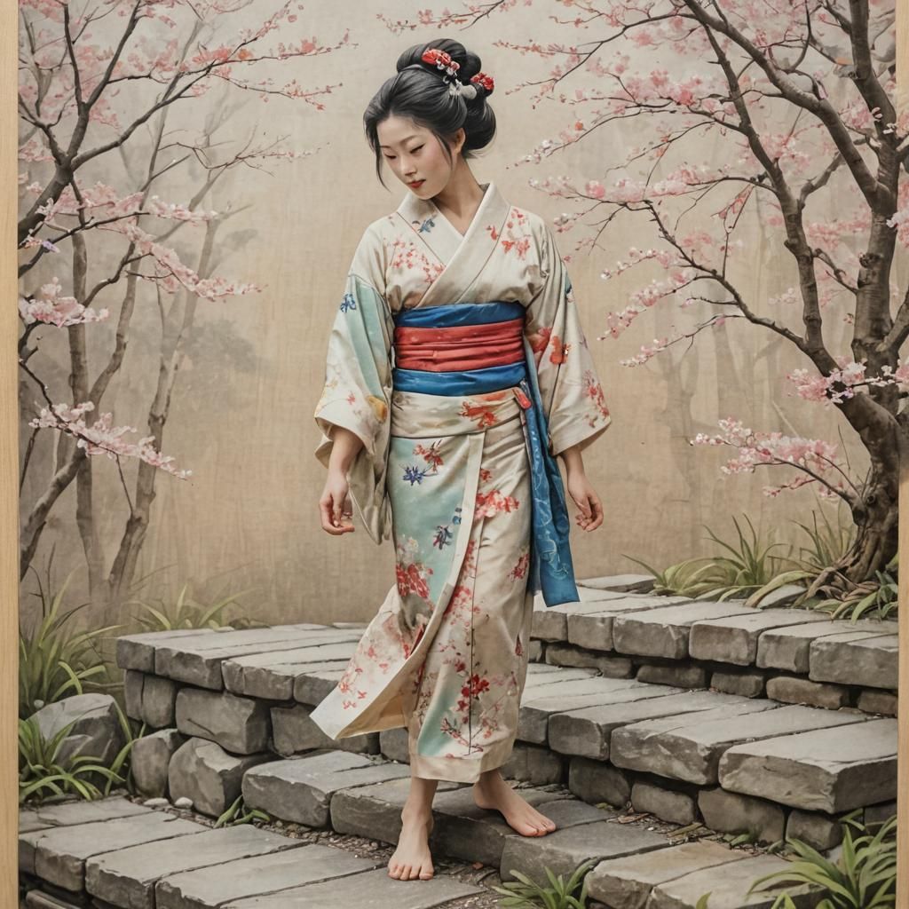 Geisha in Zen Garden: Watercolor Woodblock Ukiyo-e