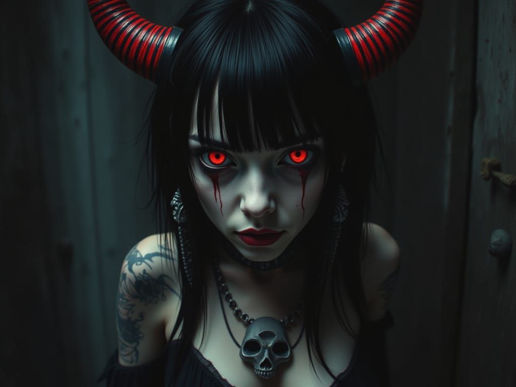 Red-Eyed Woman with Skull Tattoos in Horror Setting