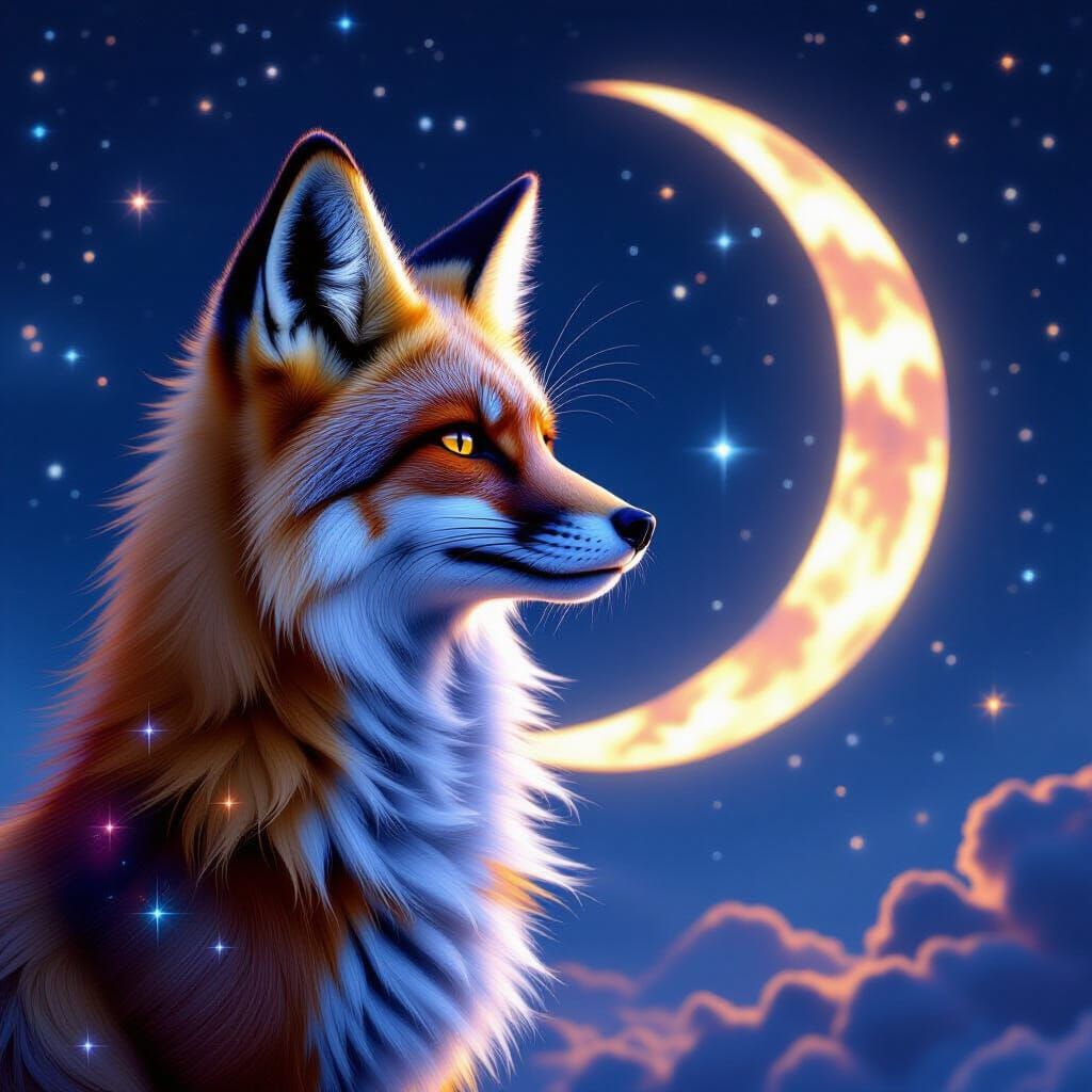 Nebula Fox Gazing at Celestial Moon