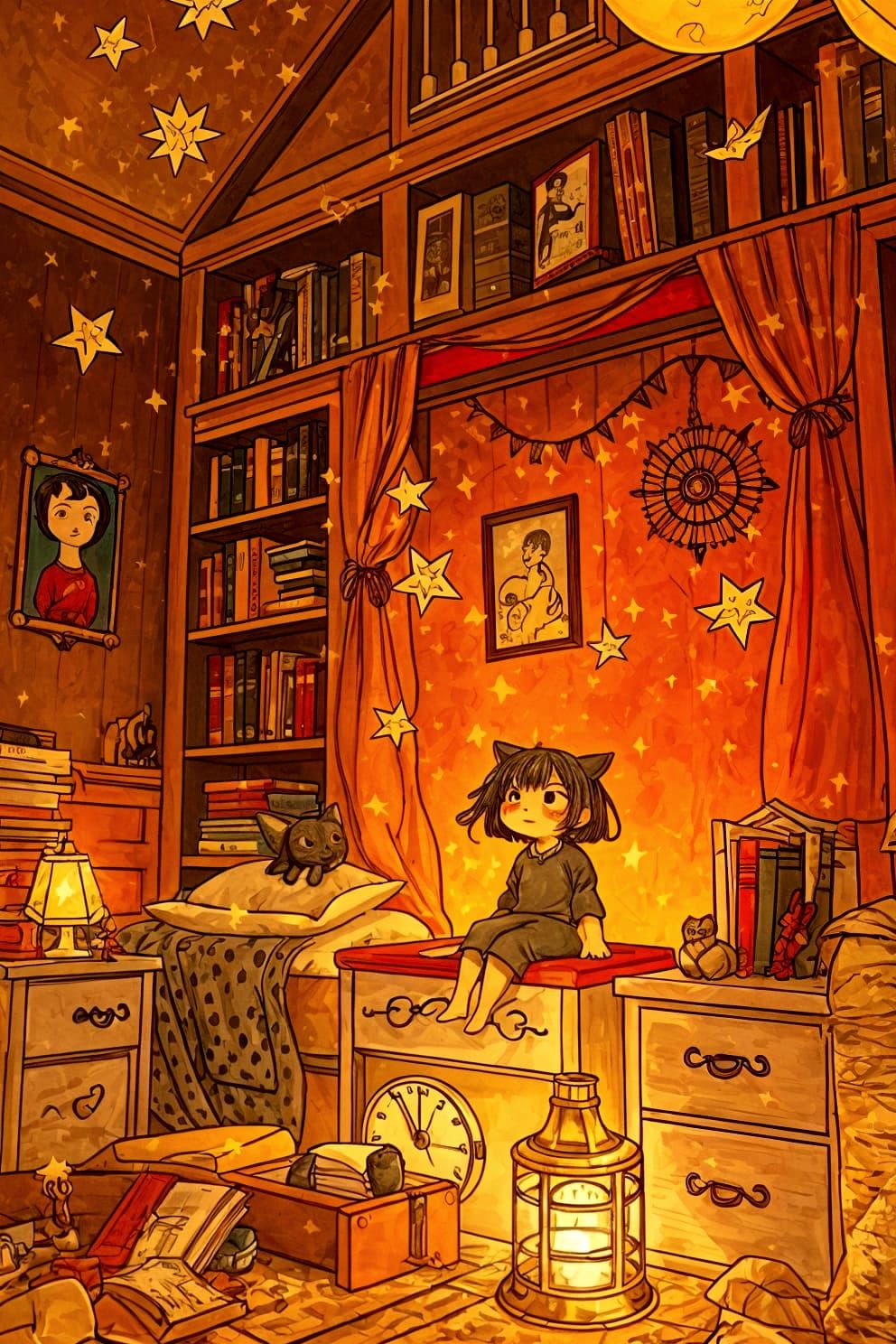 Whimsical Bedroom Scene with Floating Stars