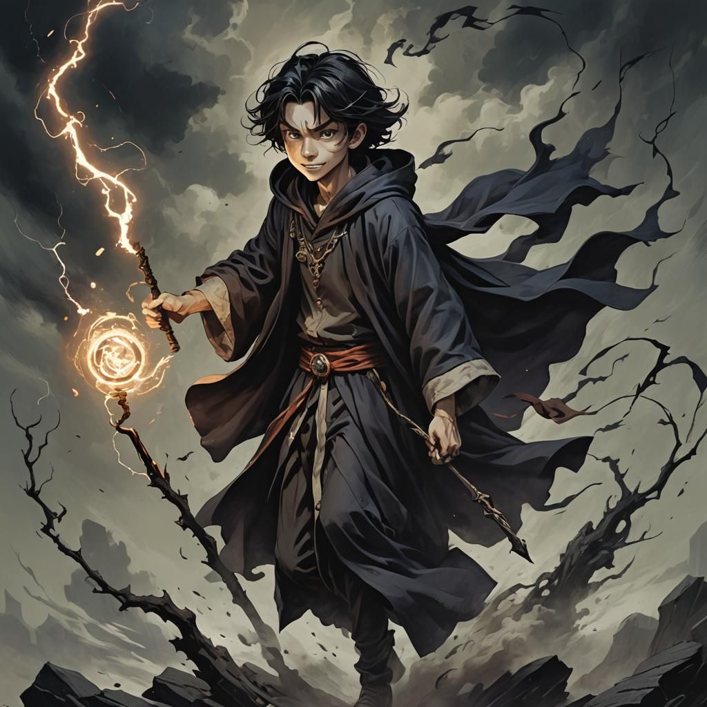 Teenage Wizard Casting Spell in Manga Style