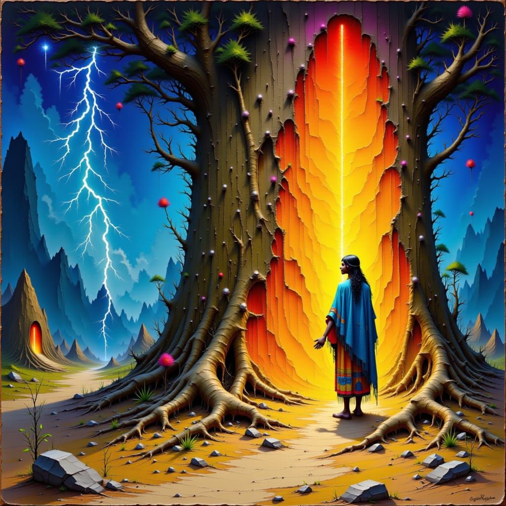 Mystical Cherokee Figure with Lightning Fire