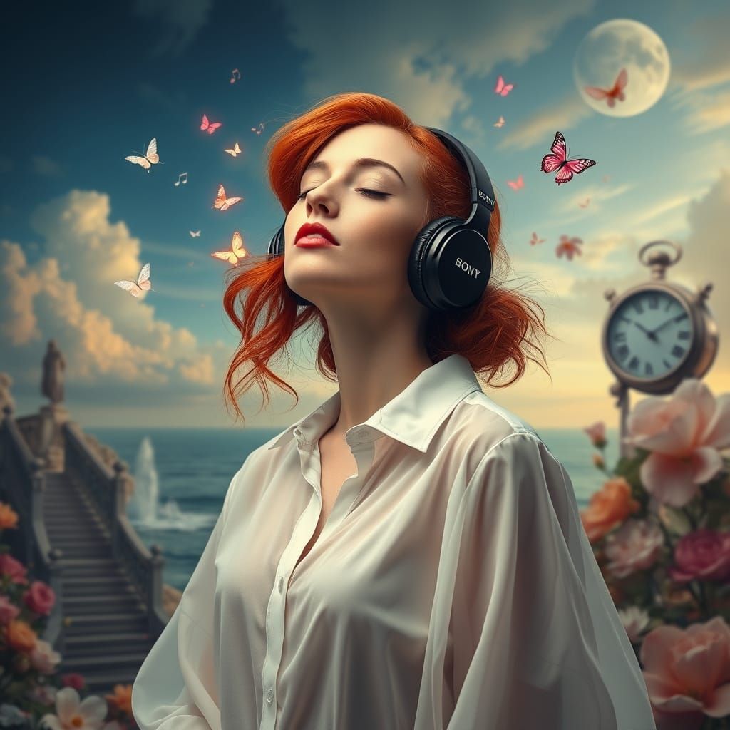 Surreal Woman with Headphones in Dreamscape