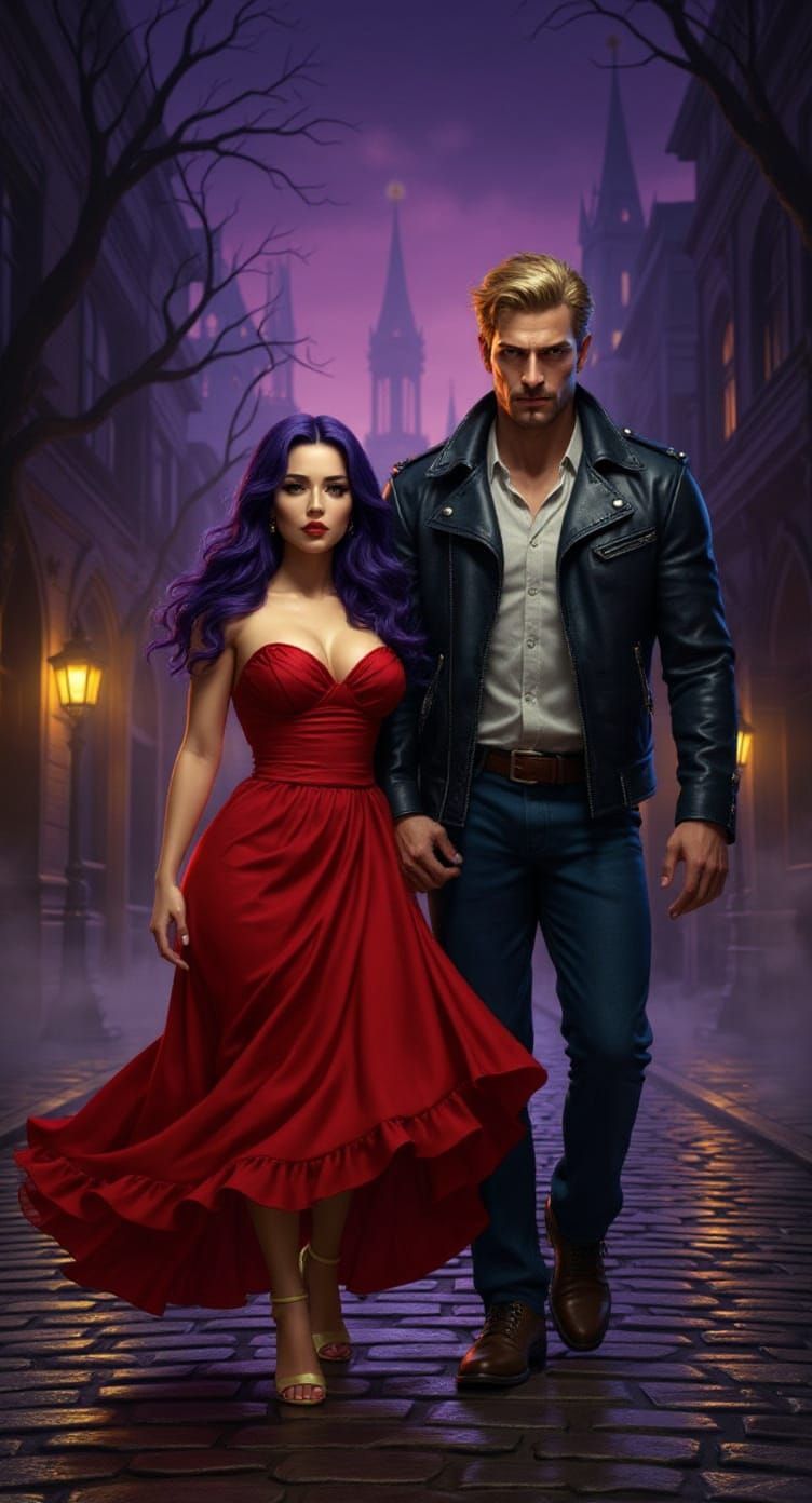 Curvy Woman and Muscular Man in Gothic Cityscape