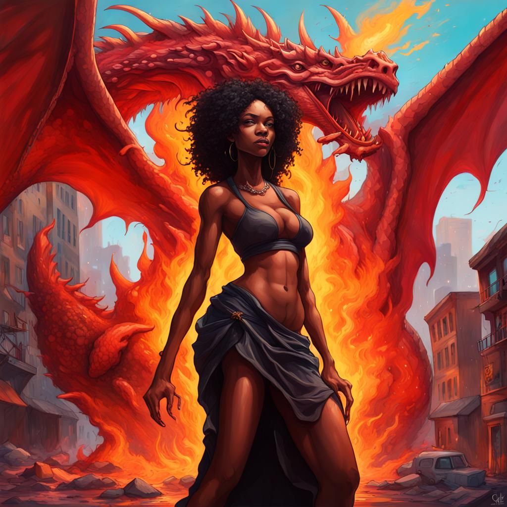 Goddess Commands Fire Dragon in Graffiti Art Style