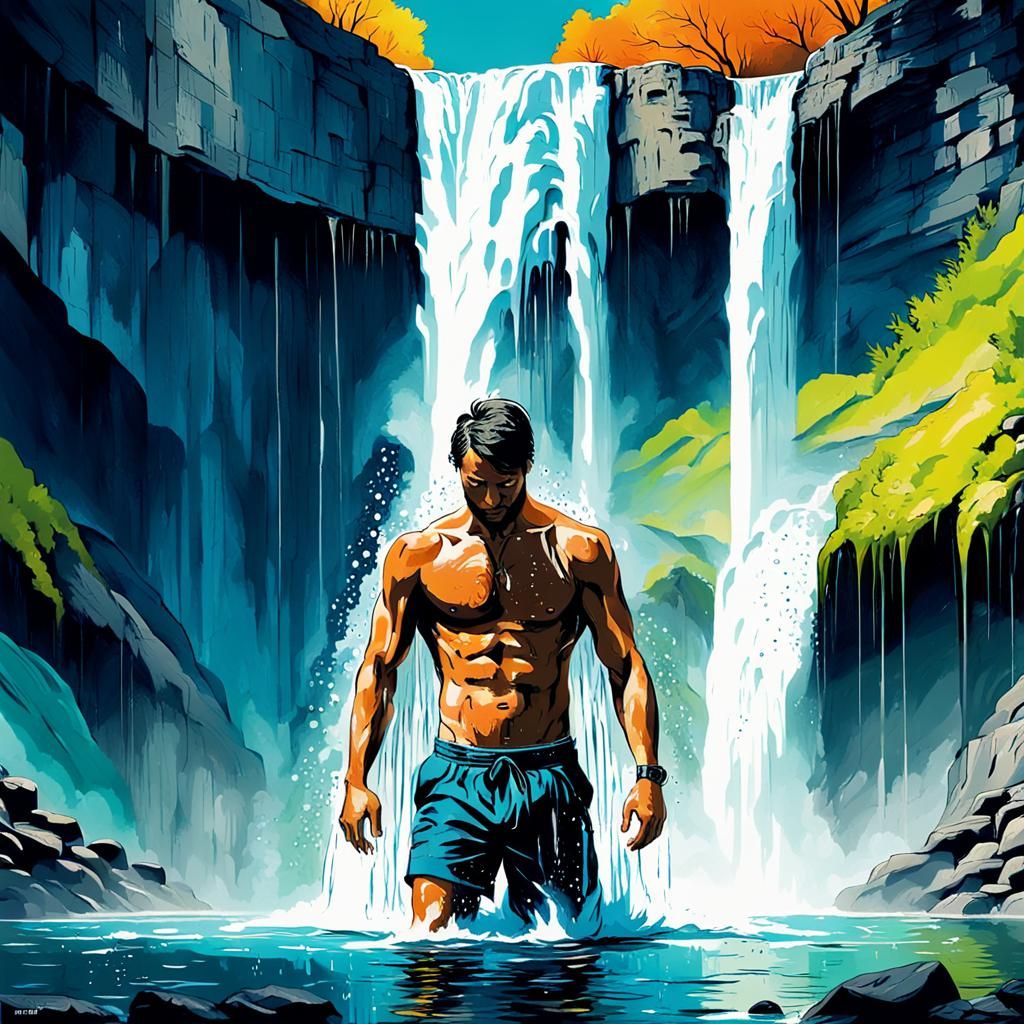 Shirtless Man Washed by Waterfall: Abstract Art
