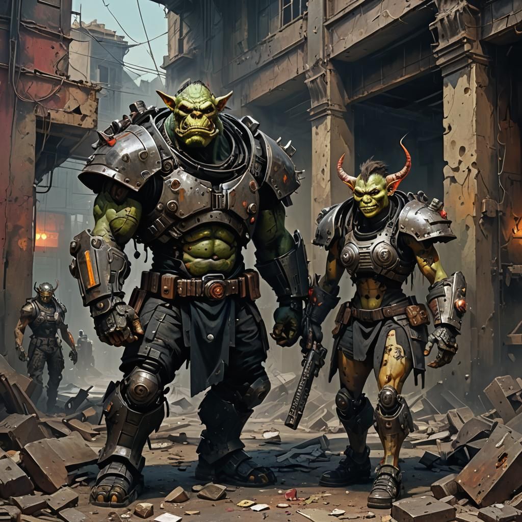 Cyborg Ogres in Cyberpunk City: Impasto Chiaroscuro