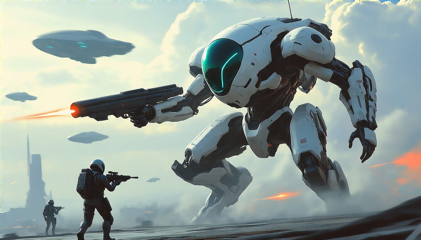 AI Mech Pilot Evades Alien Strikes in Futuristic Battlefield