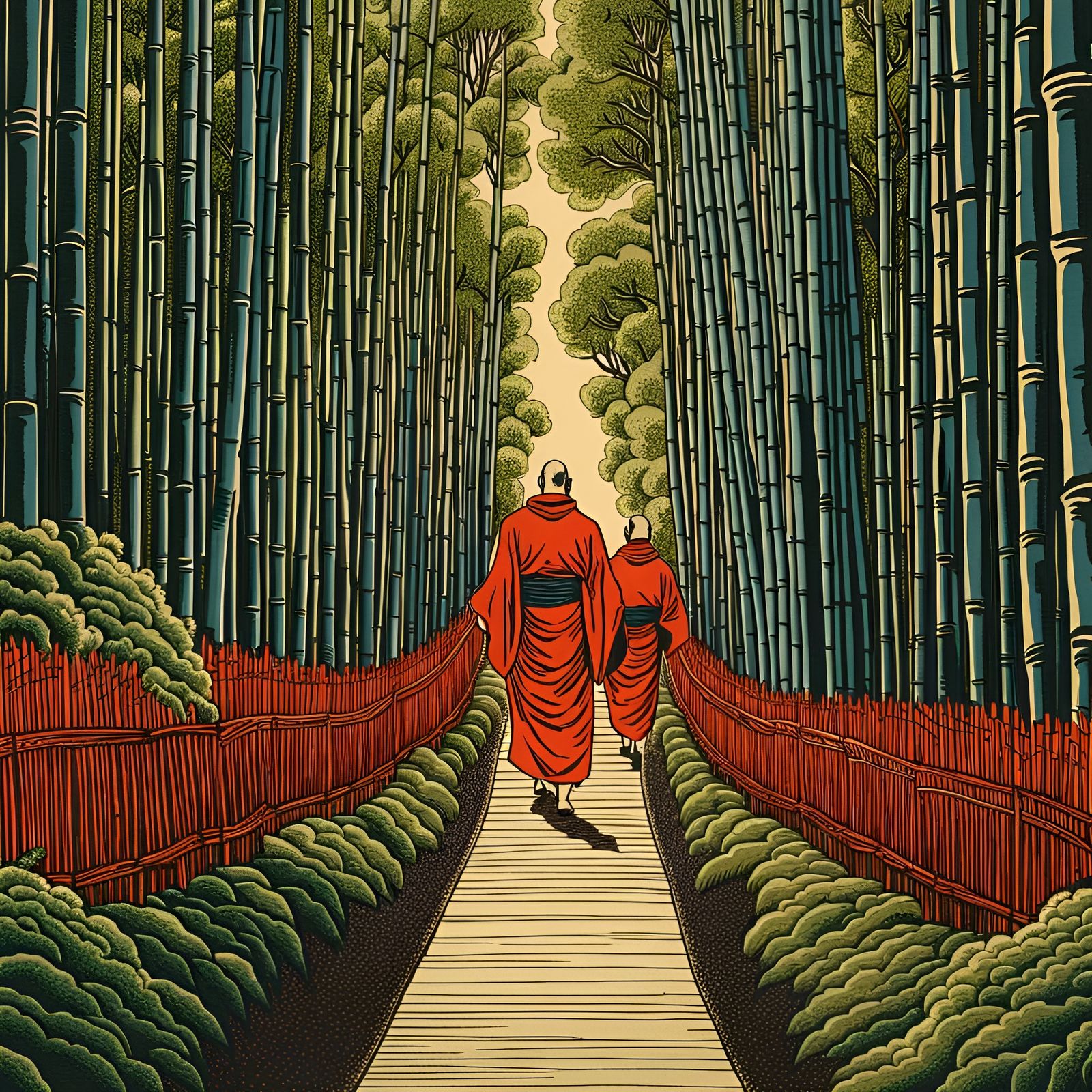 Monks on a pathway of the Arashiyama Bamboo Forest in Kyoto