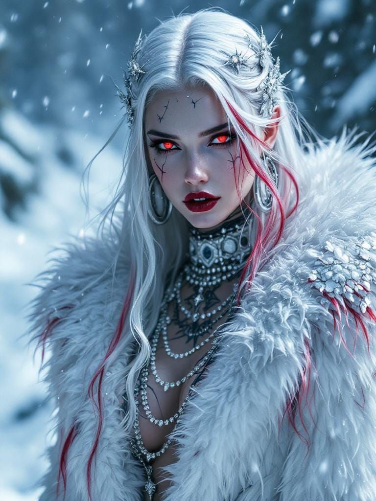 Gothic Snow Goddess with Crimson Hair, Digital Art