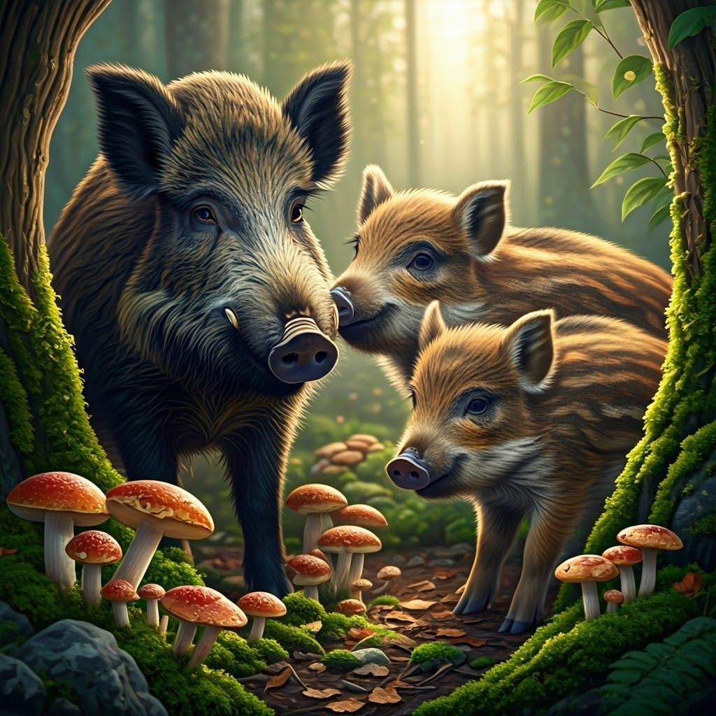 Wild Boar Family Discovers Edible Mushrooms in Forest Glade