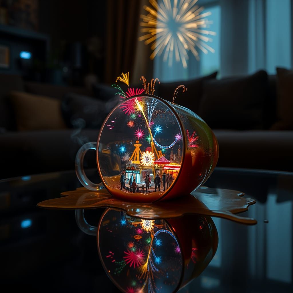 Miniature Amusement Park in Teacup with Fireworks