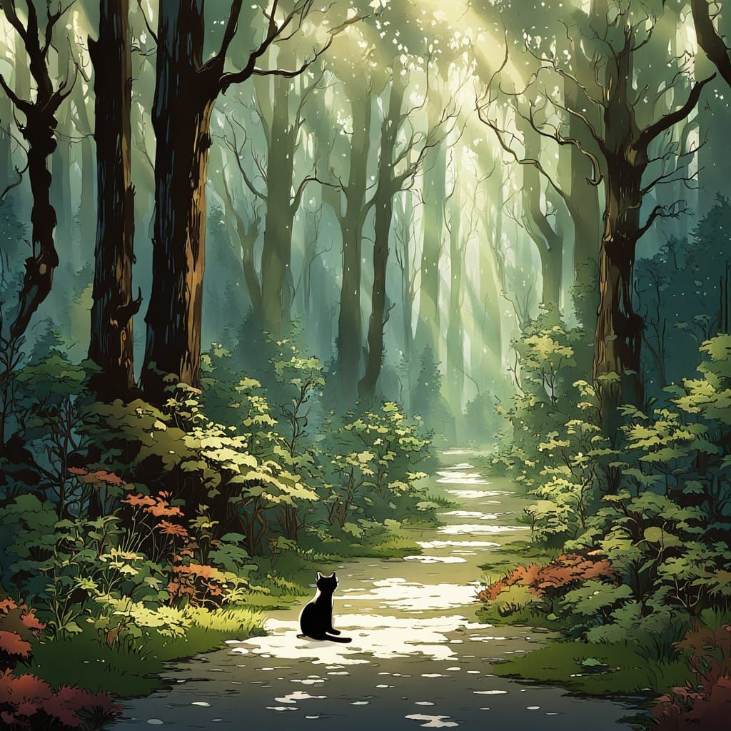 Anime Woman with Cat Features in Mystic Woods