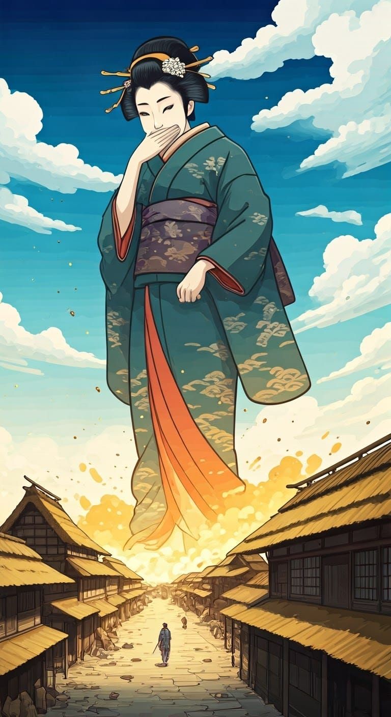 Giant Geisha Destroys Town in Ukiyo-e Style