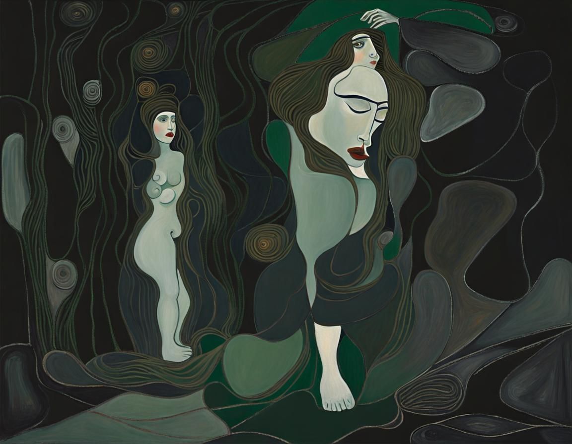 Woman in Dark Cave: Oil Painting in Modern Art Style