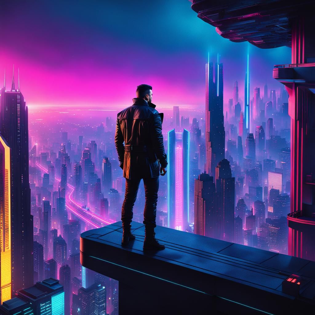 Cyberpunk Cityscape View from Skyscraper Ledge