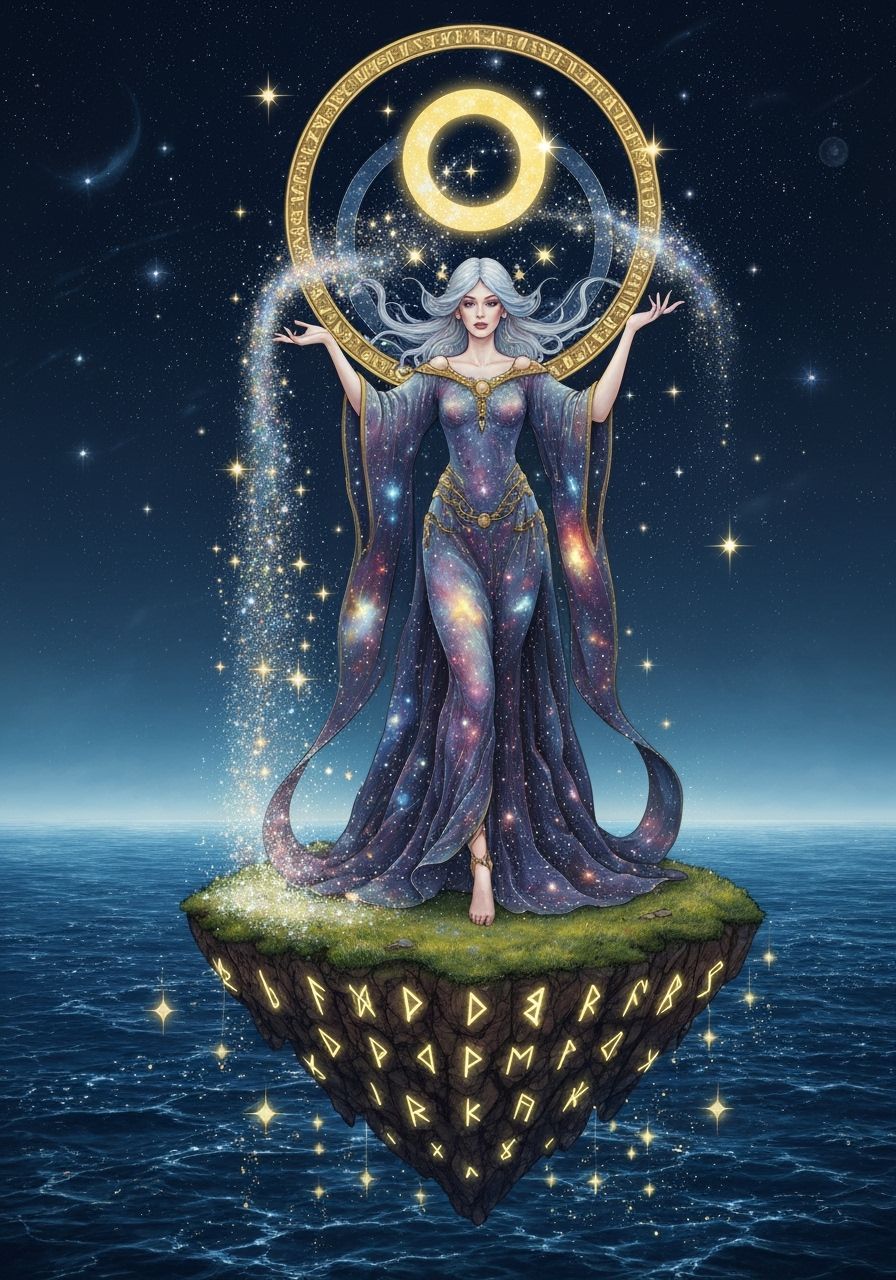 Celestial Sorceress Conjuring Cosmic Dust in Art Nouveau