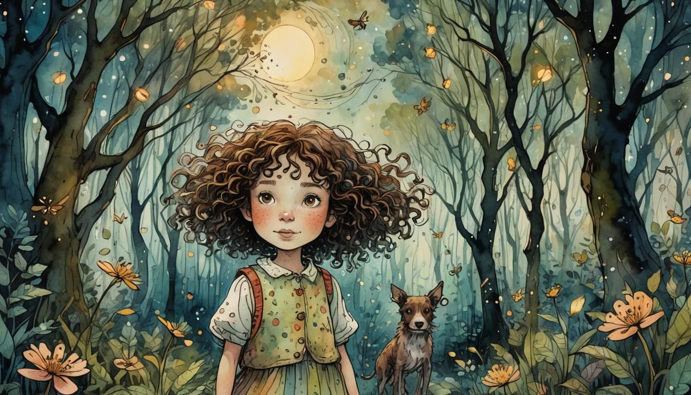 Whimsical Girl and Dog in Enchanted Forest