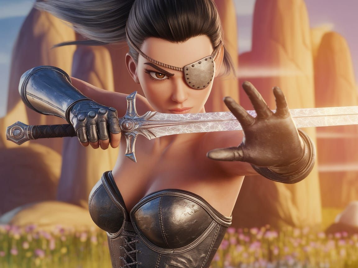 Warrior Woman with Magic Sword in Whimsical Landscape