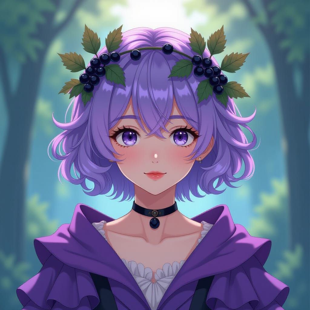 Young Person with Purple Hair and Leaf Crown in Anime Style