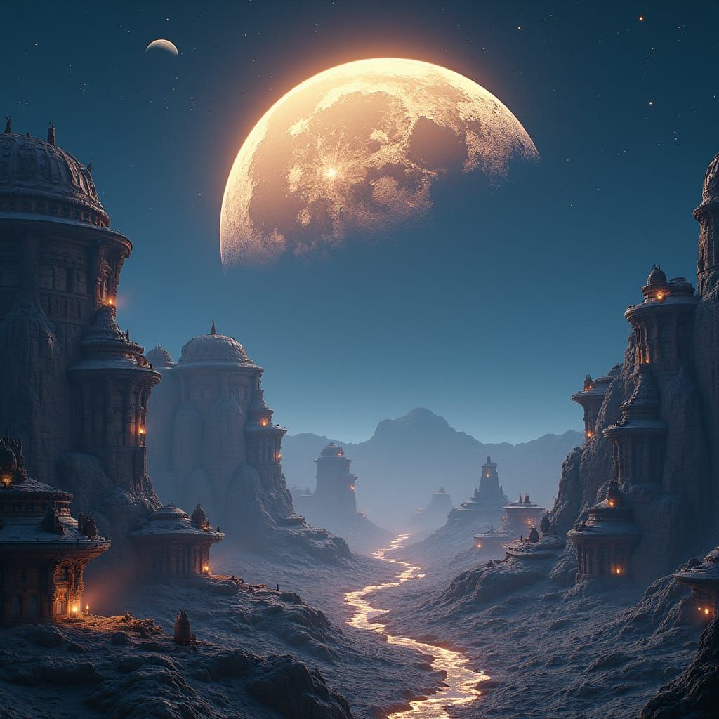 Lunar Colonies on Illuminated Moon in Sci-Fi Style