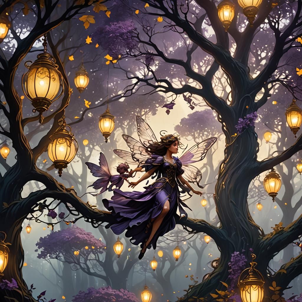 Fairies Guarding Treetops in Dark Fantasy Art Nouveau