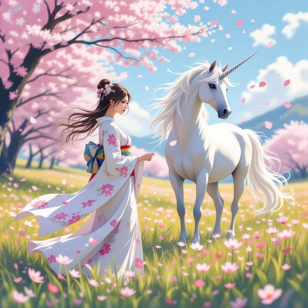 Woman and Unicorn Spirit in Watercolor Fantasy Style