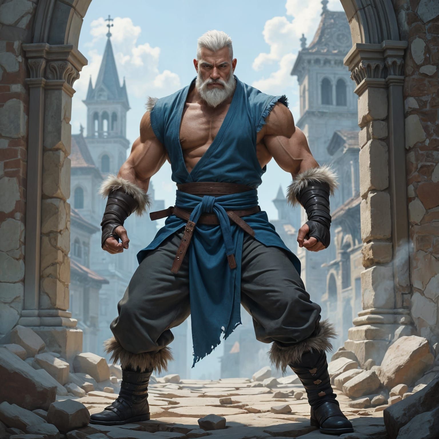 Muscular Monk in Fighting Stance Before Gothic Ruins