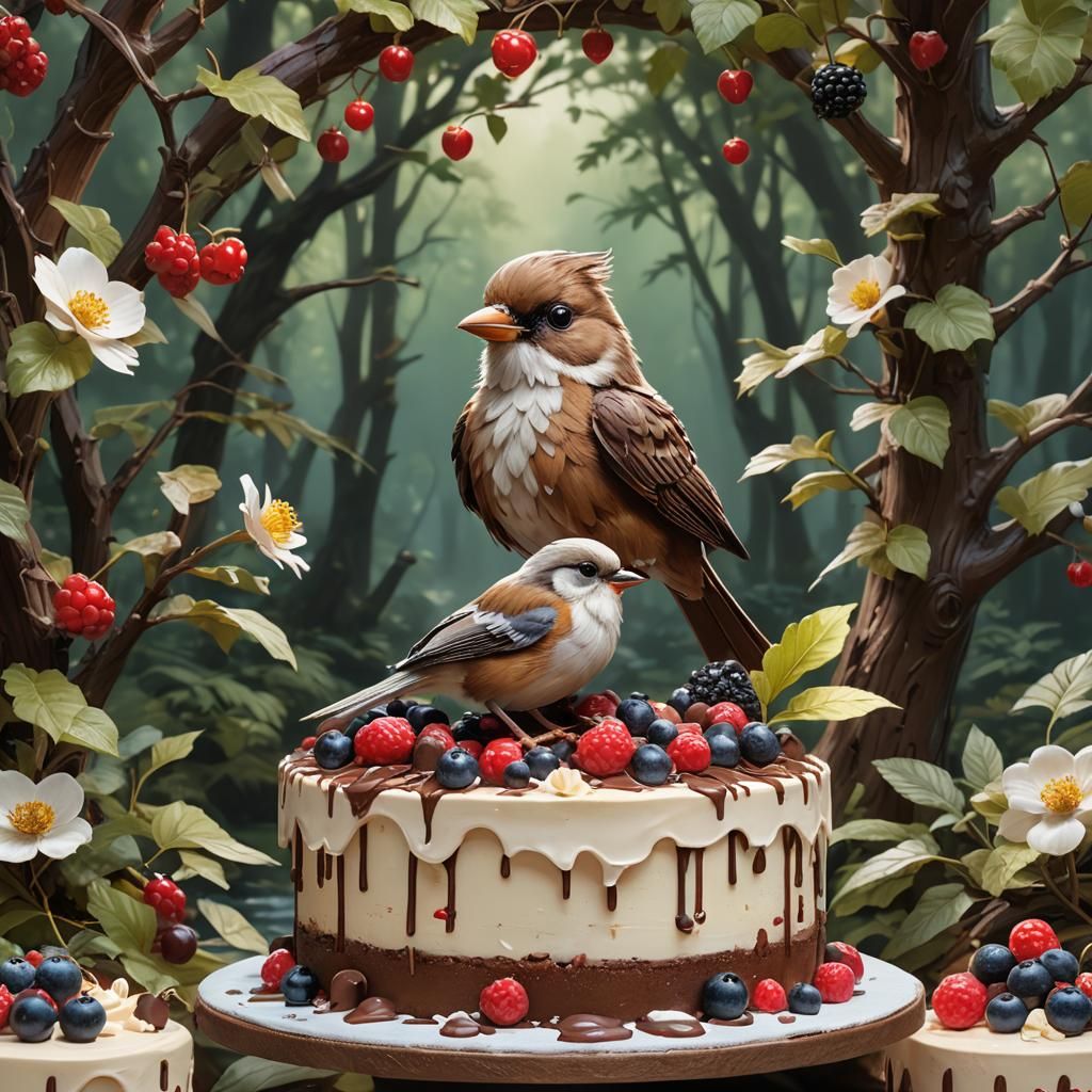 Cute Bird Inside Cake Slice in 3D Forest