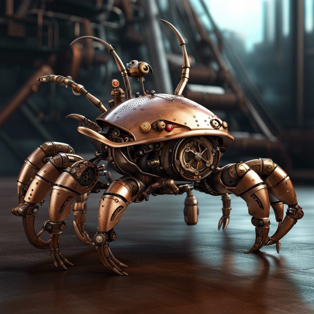 Steampunk Cyborg Robot Crab with Cogwheels and Pipes