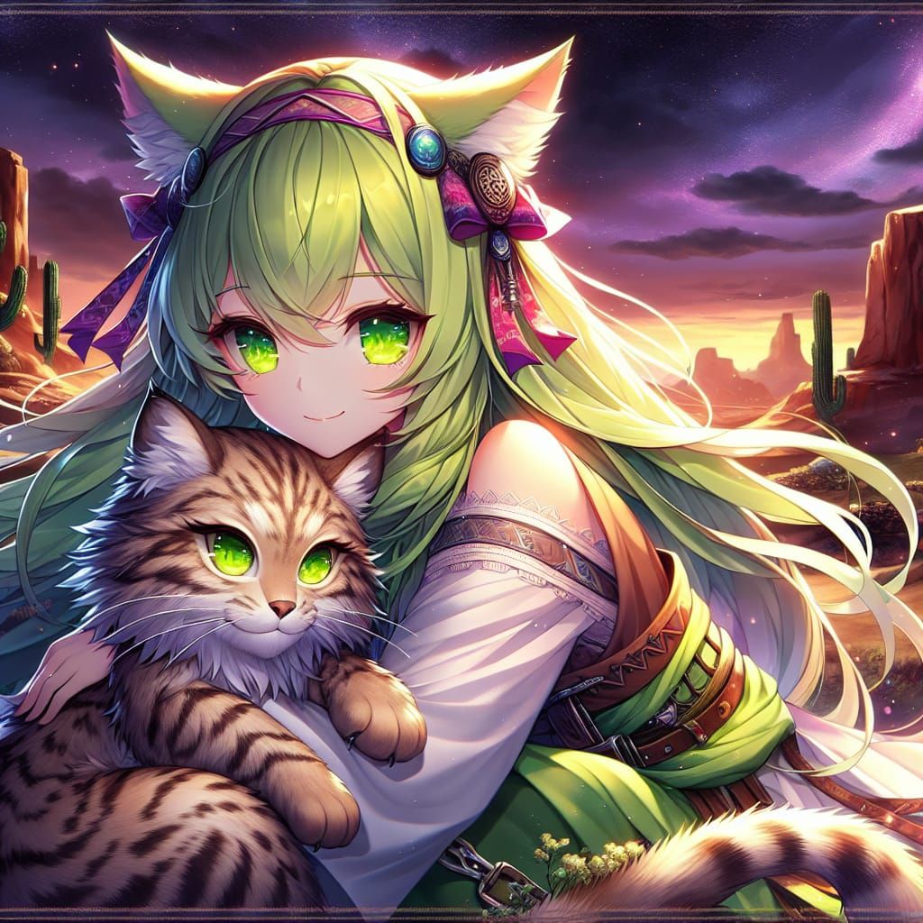 Anime Girl with Bobcat in Desert Night