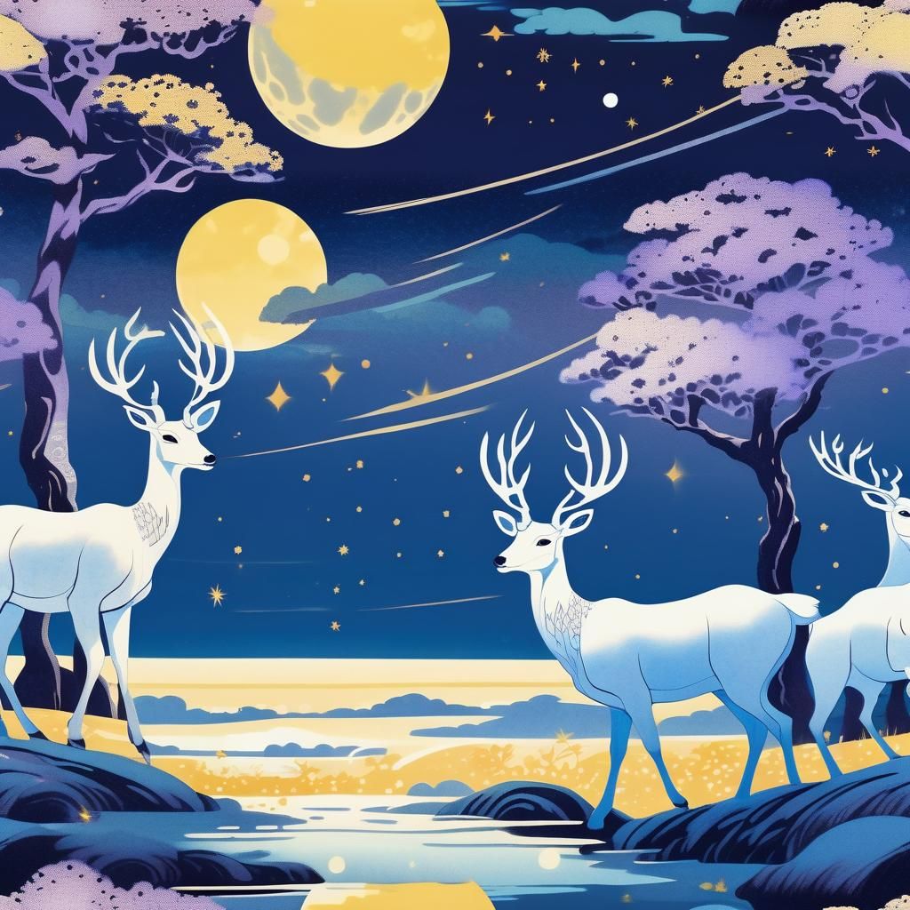 Ethereal Deer in Moonlit Ukiyo-e Landscape