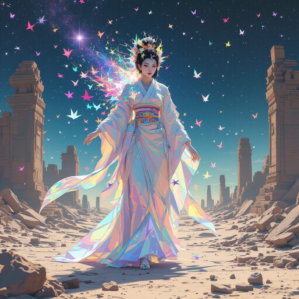 Colossal Asian Goddess in Glitchcore Style